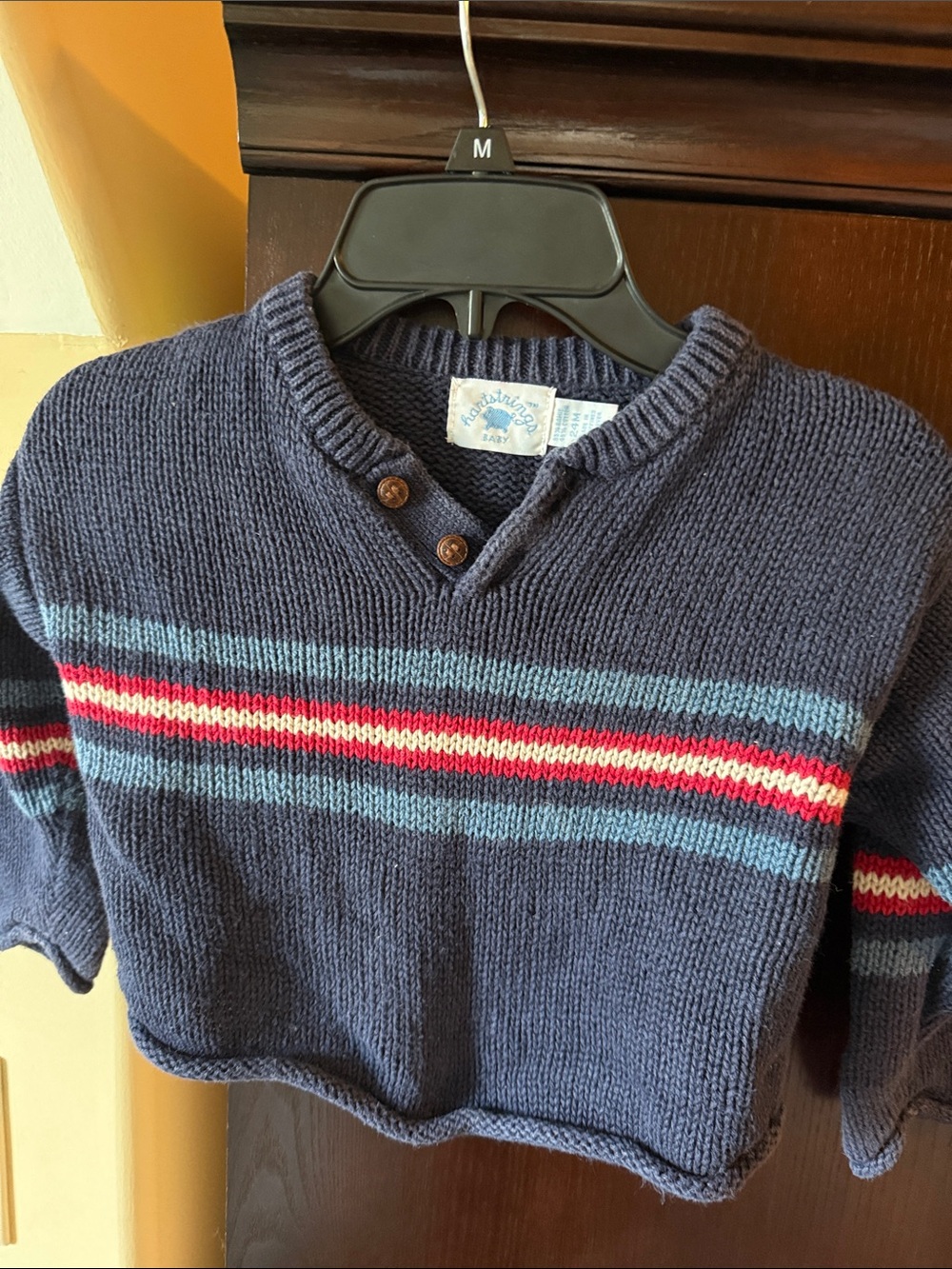 Hartstrings Navy Knit Sweater with Red and Light Blue Stripes